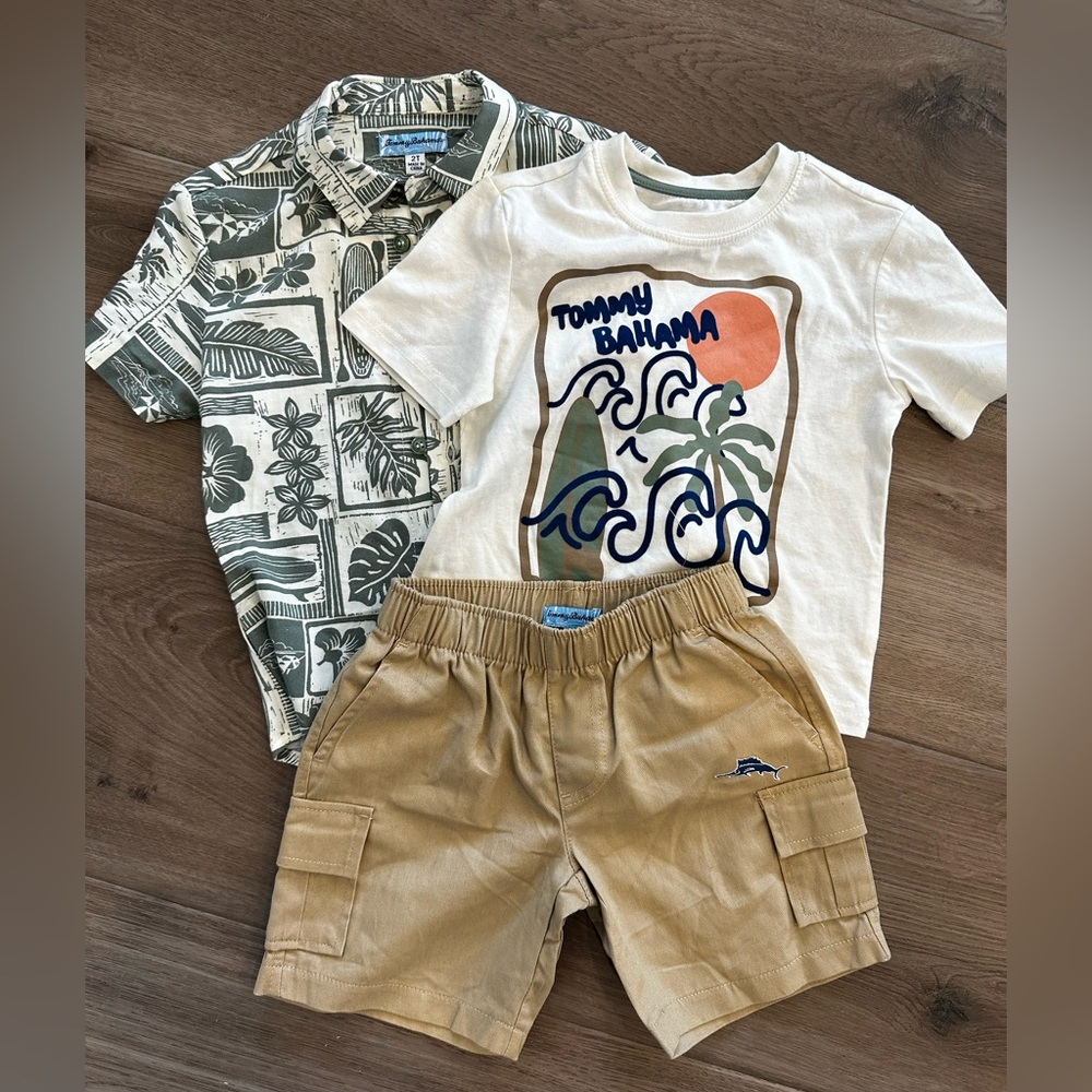Tommy Bahama Button Up, Graphic Tee and Khaki Shorts Set NWOT